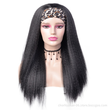 Wholesale long Black Deep Curl Turban Wigs Straight Wigs Heat Resistant Synthetic Wig With Headband Attached For Black Women